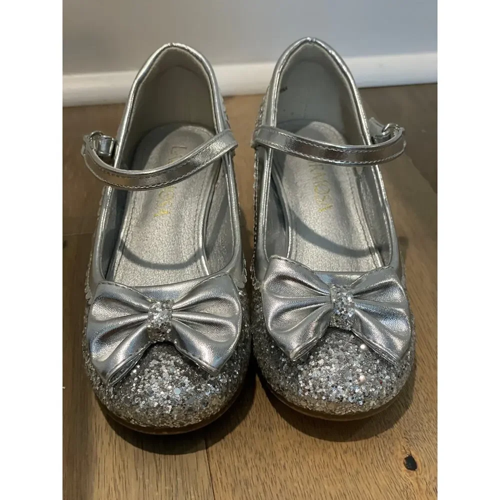 Laurmosa Girls Silver Glitter Mary Jane Shoes Size 13 Low Heel Bow Detail